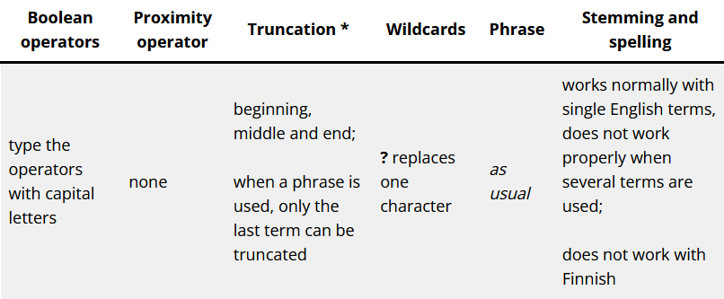 Search techniques in UEF-Primo: Type Boolean operators with capital letters. Proximity operator is not in use. Truncation is possible in the beginning, middle and in the end of the word. When phrase is used, only the last term can be truncated. Wildcard is question mark and it replaces one character. Phrase works as usual. Stemming an spelling work normally with single English terms, does not work properly when several terms are used and does not work with Finnish.
