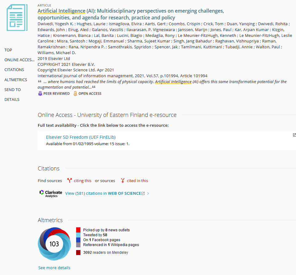 Example 2. Altmetric score of another article about artificial intelligence in UEF Primo. The article has been picked up by 8 news outlets, tweeted by 58, on 1 Facebook pages and has 3092 readers on Mendeley.