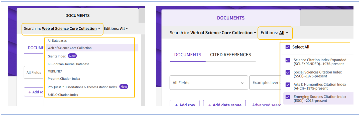 A screen capture of selecting a database from Search in -option (on the left) and a sub-database of Web of Science from Editions-option (on the right).