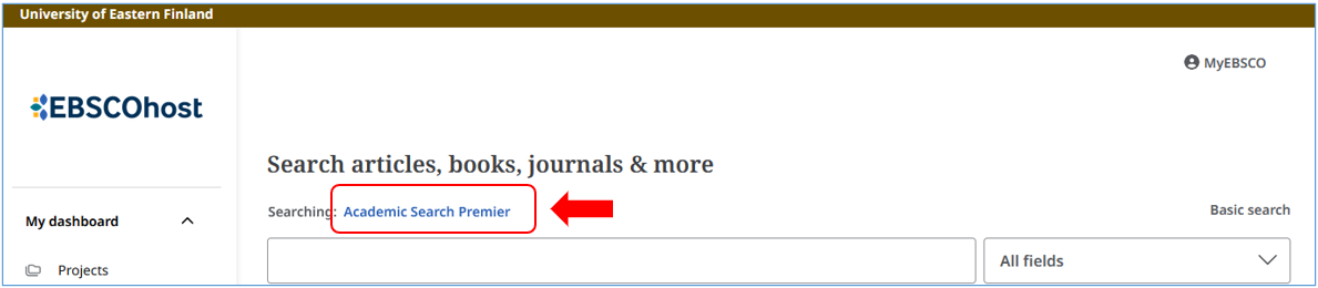 Screen capture of Ebscohost search form with a highlighted hint: in Ebscohost database in changed from the current Searching [database name] -link above the search box.