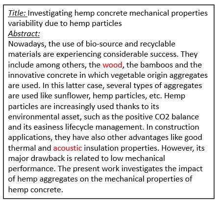 Text. A title: investigating hemp concrete mechanical properties variability due to hemp particles. An abstract, where the terms wood and acoustic appear, but not with the same sentence.