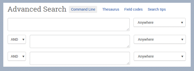 Three search boxes one below the other. Between the boxes pull-down menus, where the option 'AND' is selected. After the search boxes pull-down menus, where the option 'Anywhere' is selected.