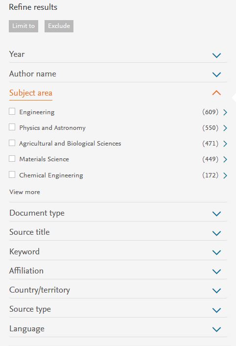 A screen capture of a detail in a search results -page. Menu title: refine results. Several selection possibilities, where ‘Subject area’ with values like engineering or physics, is shown.