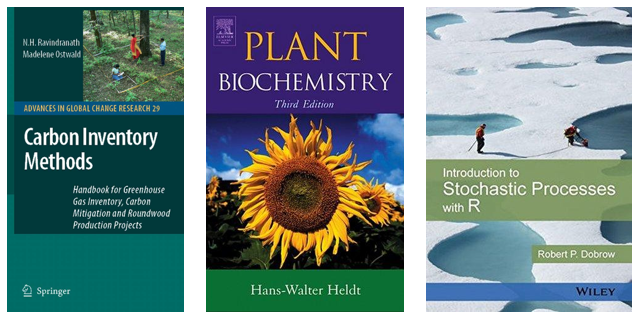 The cover of the book: Carbon inventory methods. The cover of the book: Plant biochemistry. The cover of the book: Introduction to stochastic processes with r.