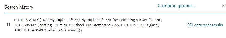 A screen capture of a search history in a database. The query: (superhydrophobic* or hydrophobic* or self-cleaning surfaces” and (coating or film or sheet or membrane) and glass and (silic* or nano*), 551 document results.