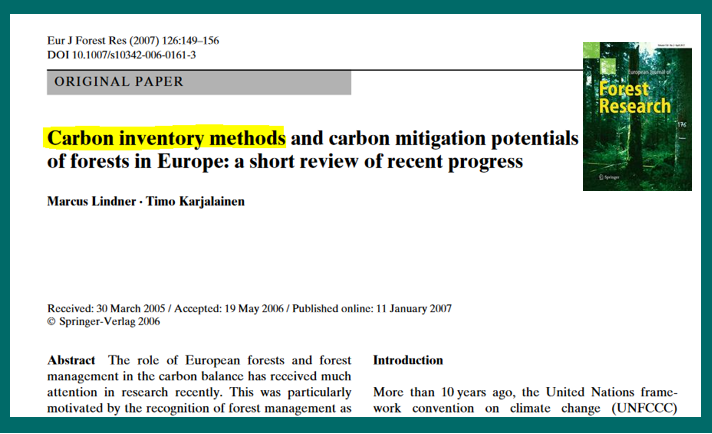 A screen capture of the beginning of an online article. The title of the article is: Carbon inventory methods and carbon mitigation potentials of forests in Europe: a short review of recent progress. The terms carbon and inventory and methods are highlighted with yellow colour.