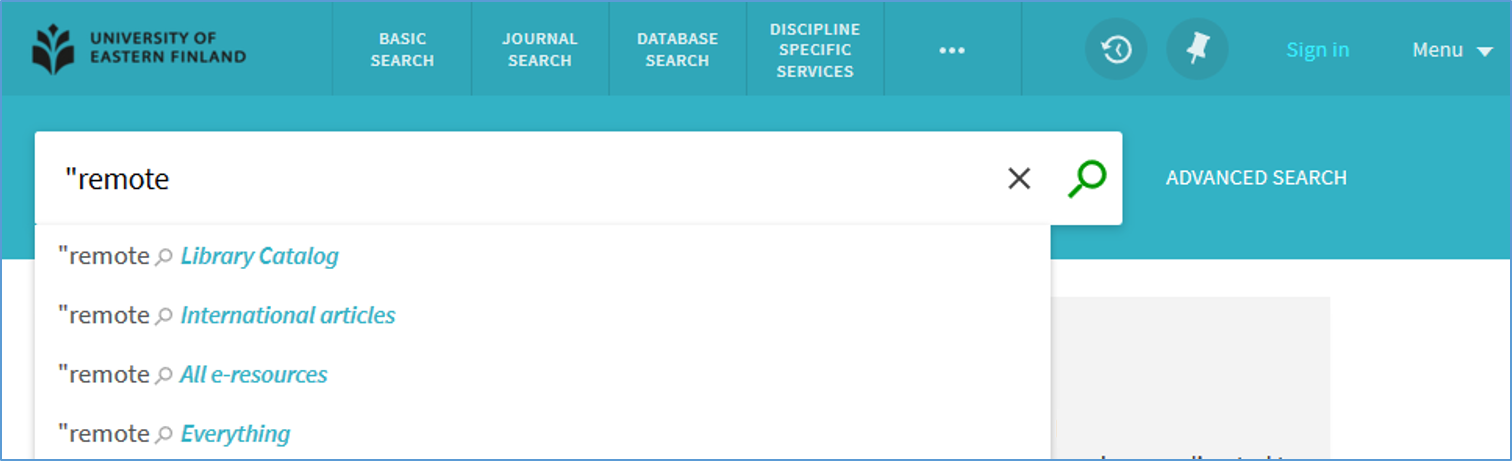 A screen capture of UEF Primo basic search. A search term 'remote' is written on the search box. Possible targets are then automatically shown: library catalog, international articles, all e-resources, everything.