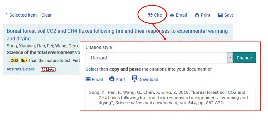 A detail of a search results page showing one result and action buttons, where 'cite' is highlighted. A picture showing the content of the cite-action: selection of the citation style, as 'harvard' as an example. The actual citation written with selected style and instruction to copy and paste the citation into your document.