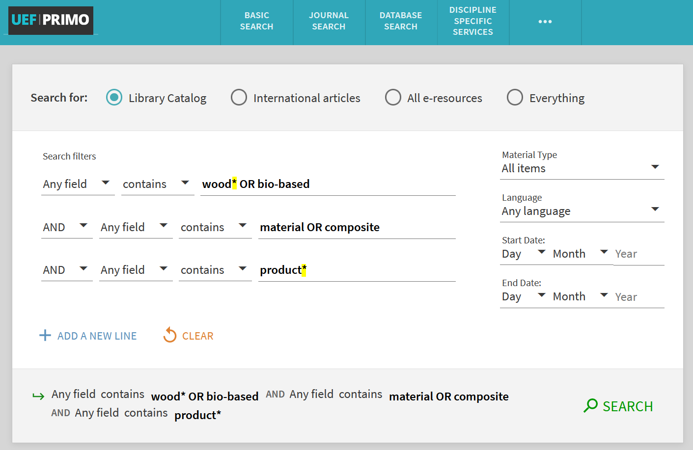 A screen capture of UEF Primo Advanced search page, search for library catalog. The query is written in three boxes. The first box: wood* or bio-based. The second box: material or composite. The third box: product*. There is an AND-operator between the boxes.
