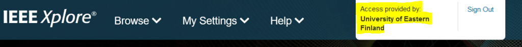 A detail of the action menu of IEEE xplore database. On the right the text: Access provided by University of Eastern Finland.
