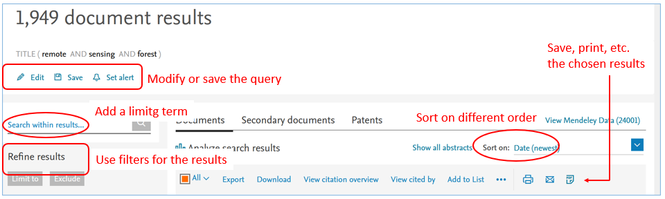 A detail of the search results page of Scopus database. Action buttons: Edit, save and set alert, for modifying or saving the query. On the left a line with text: search within results, for adding a liming term to the query. Refine results menu for using filters for the results. On the right side: Sort on -option for choosing the order of the results, e.g. date. Action buttons for saving, printing etc. of chosen results.