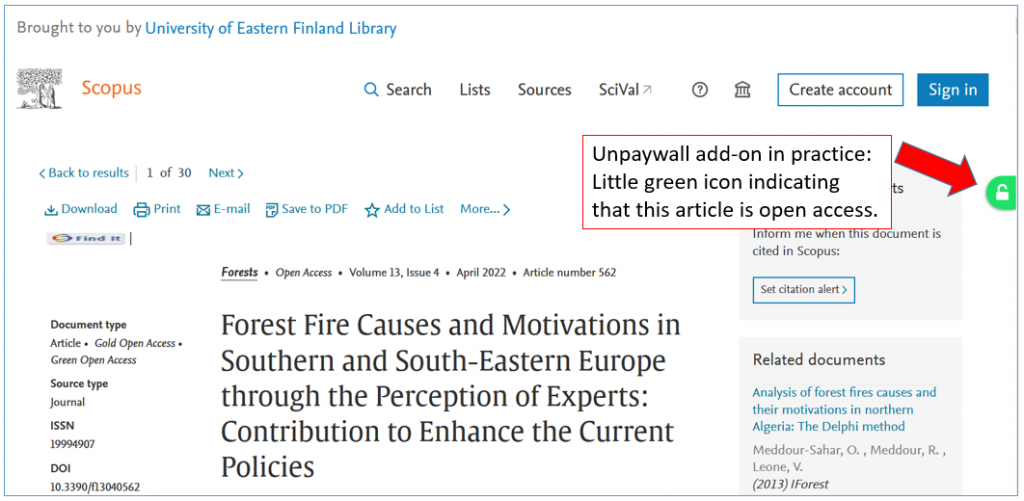 A screen capture of one article in the Scopus database. On the right side there is an icon of white open lock in green background. Explanation: Unpaywall add-on in practice:
Little green icon indicating
that this article is open access.