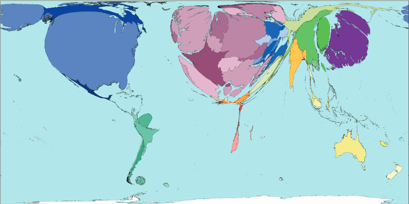 World map, where the size of a country is related to number of publications.
