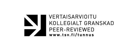 A white arrow-like symbol on black backgroud. Text: Vertaisarvioitu. Kollegial granskad. Peer-reviewed. www.tsv.fi/tunnus.